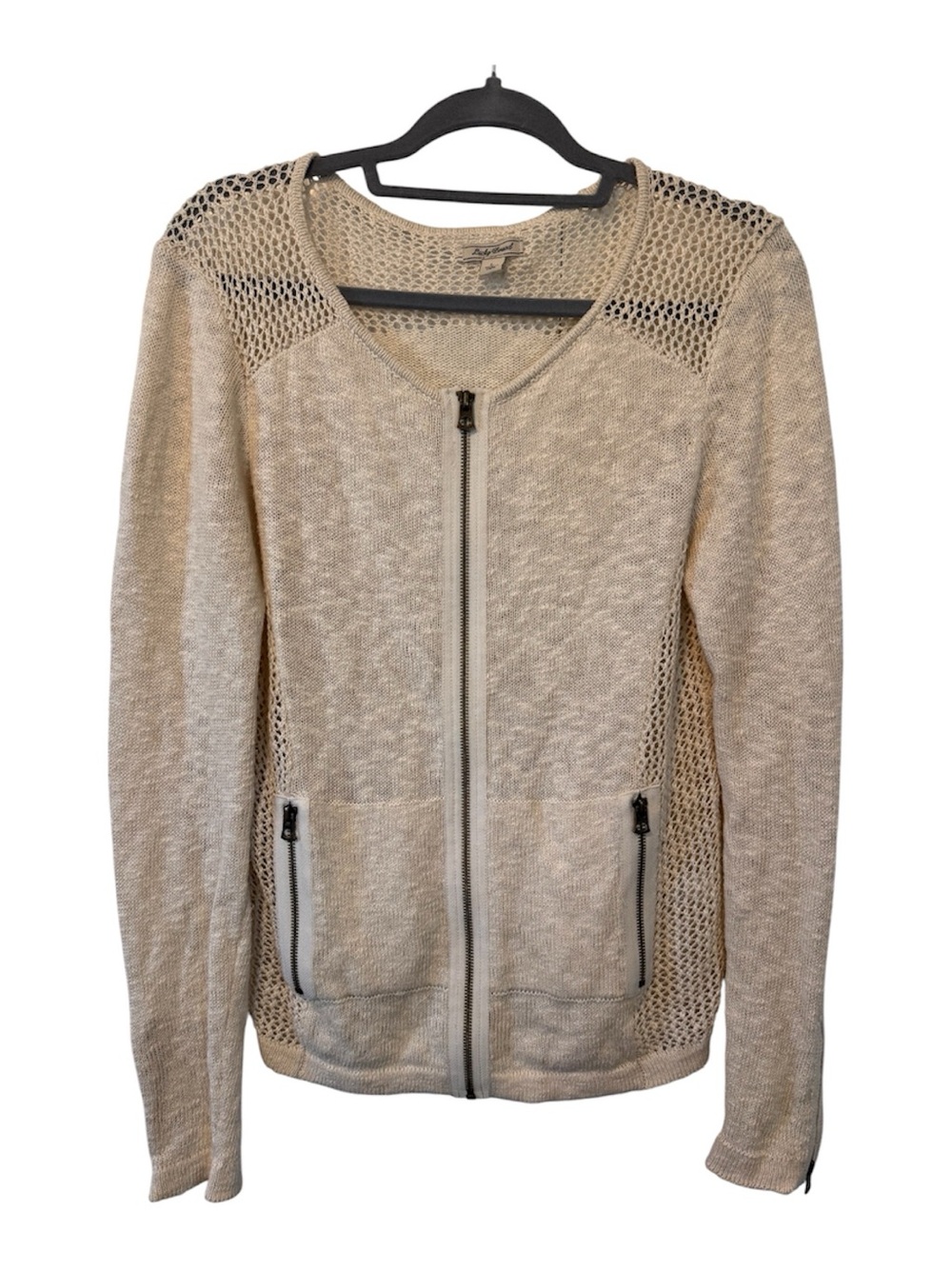 Lucky Brand Woman’s Cream Open Zip-Front Knit Cardigan Jacket Size Large